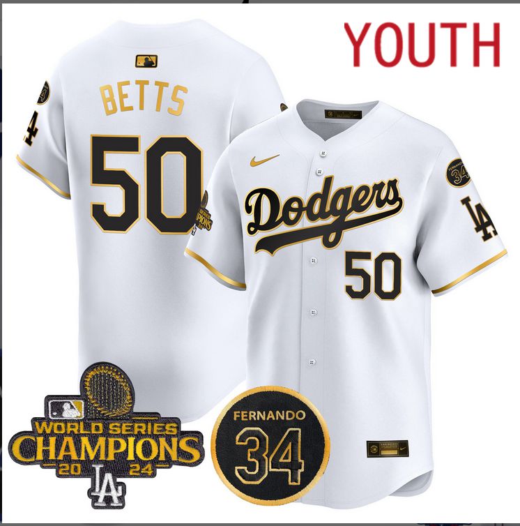 Youth  MLB Los Angeles Dodgers  #50 Betts white 2024 World Series Champions Patch Limited Jersey style 3